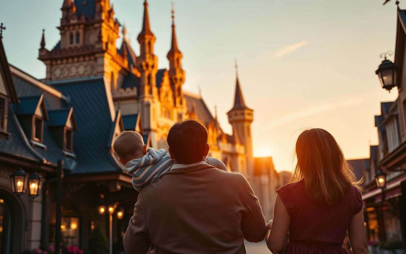 Disney castle at golden hour with fireworks